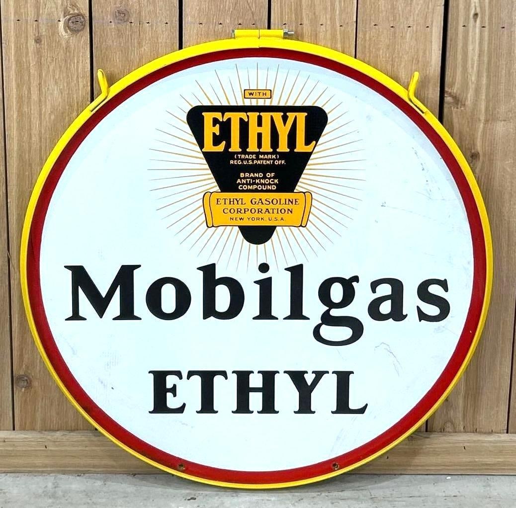 Mobilgas w/Ethyl Logo Porcelain Sign (TAC): rated 8.5, 30"D., the DSP sign has good color and gloss, has tiny chip and light wear. Rarity 6. TAC #062965
