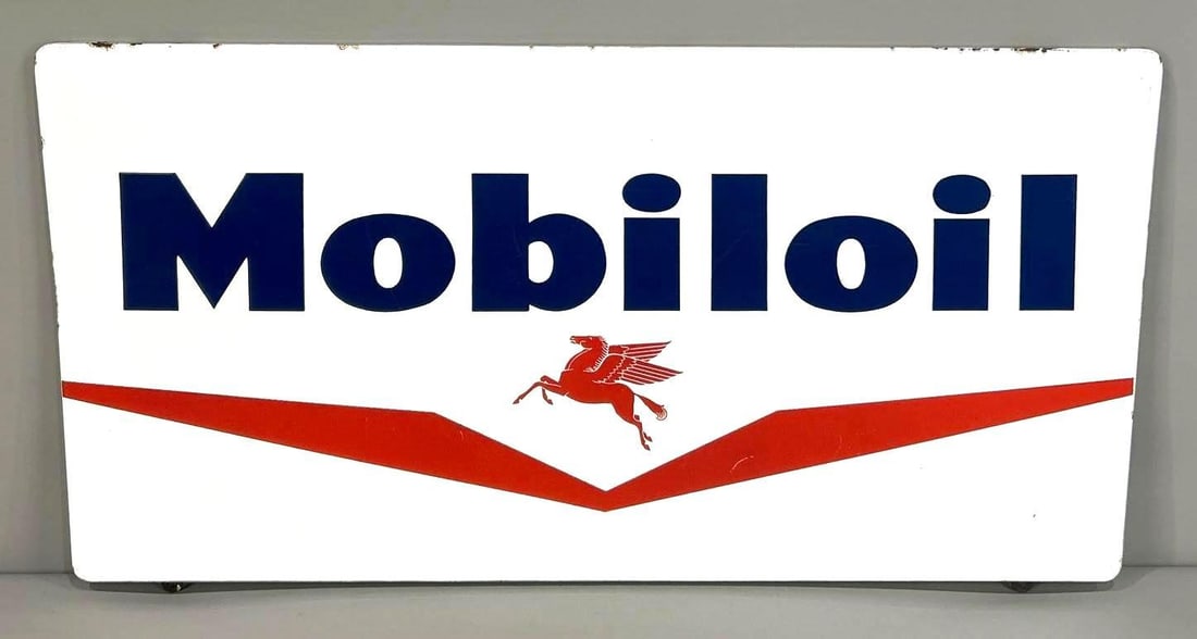 Mobiloil w/Small Pegasus Porcelain Sign (TAC): rated 9.25, 15"x30.75", the SSP rolled edge sign has excellent color and gloss, field is clean, tiny chips around the perimeter. Rarity 4. TAC #062701