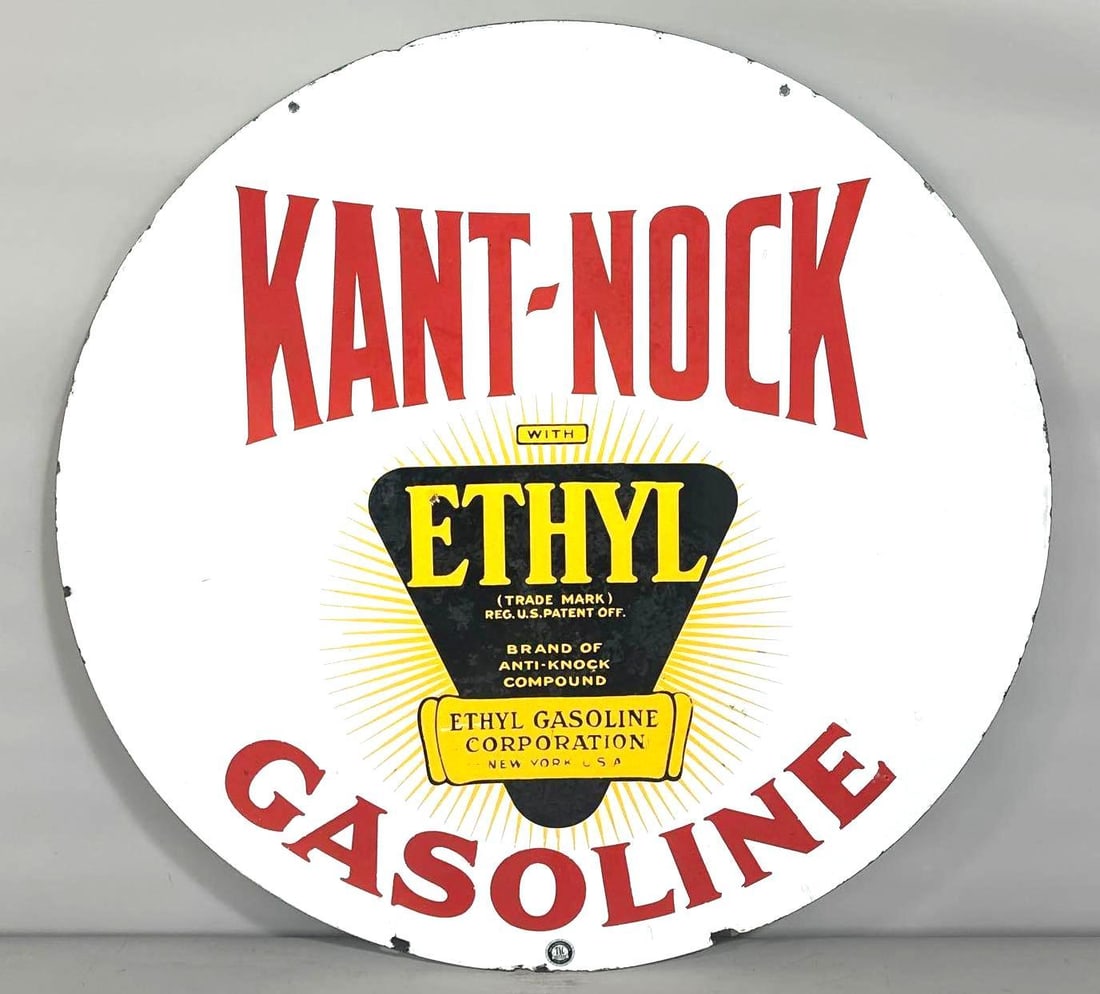 Kant-Nock Gasoline w/ethyl Logo Porcelain Sign (TAC): rated 8, 30"D., the DSP sign has good color and some gloss. Sign has wear and small chips. Rarity 6. TAC #061420