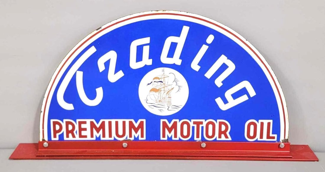Trading Premium Motor Oil w/Logo Porcelain Rack Sign (TAC): rated 9, 13"x23", the SSP die-cut sign has excellent color and gloss. Sign has tiny chips around the perimeter.TAC #042616