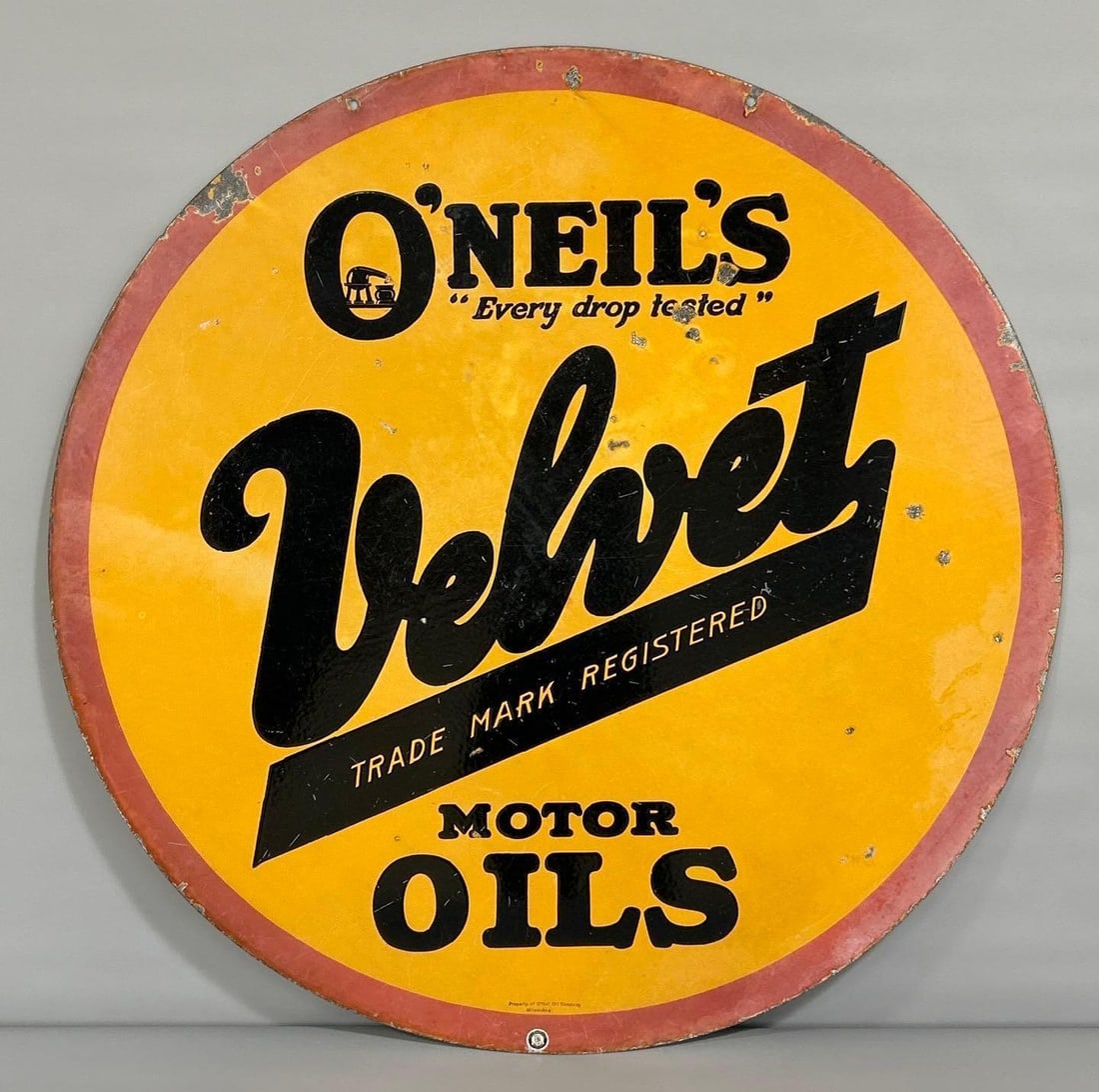O'Neil's Velvet Motor Oils Porcelain Sign (TAC): rated 7 & 6.5, 42"D. This DSP sign has some gloss. Sign has small chips, wear, and scrathes. Red is fading. Rarity 9. TAC #061602