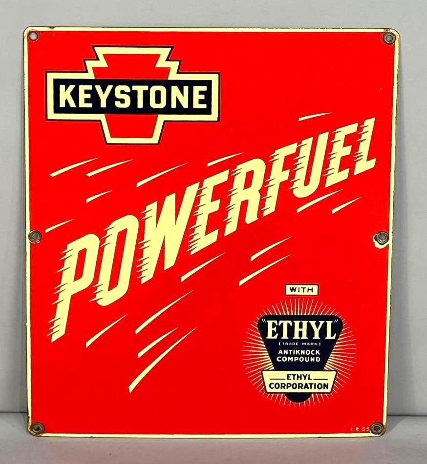 Keystone Powerful Porcelain Pump Sign W/ Ethyl Logo (1 of 4)