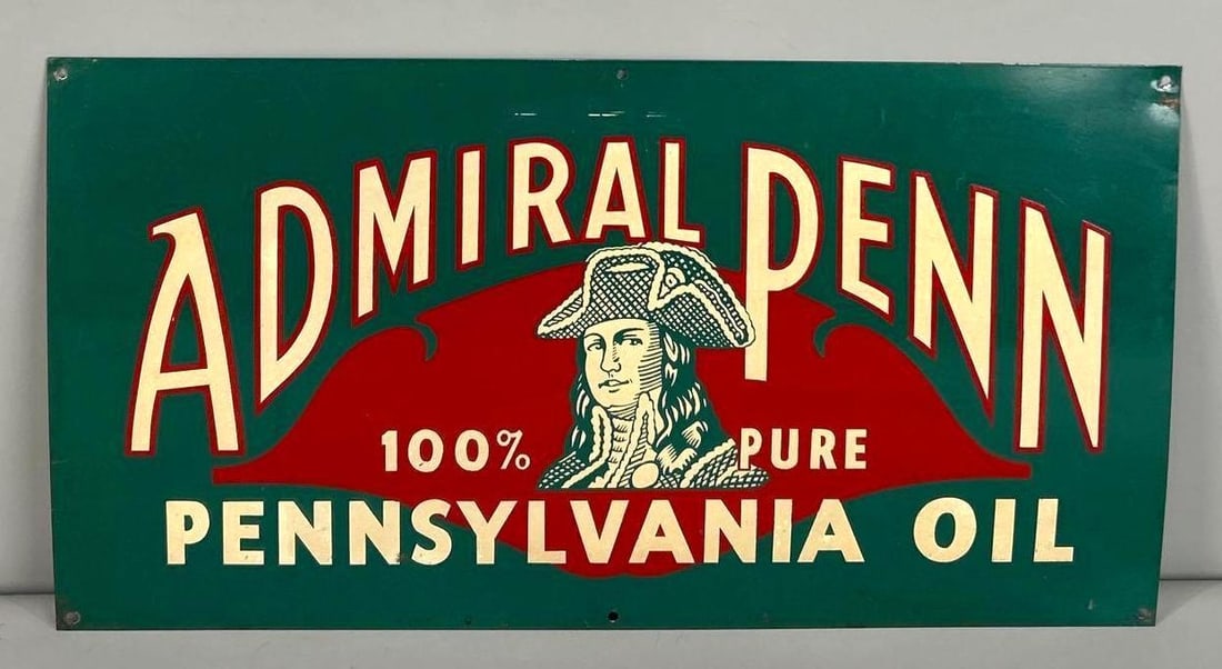 Admiral Penn Pennsylvania Oil w/Logo Metal Sign (TAC): rated 9, 10.75"x20.5", the SST sign has excellent color and shine, field is clean has wear around the perimeter. Rarity 9. TAC #062991
