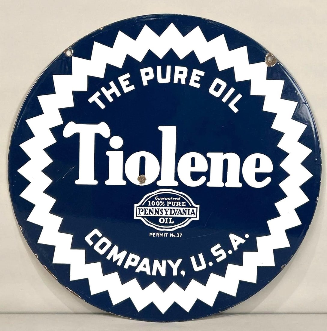 Tiolene Double-Sided Porcelain Sign W/ Sawtooth Logo Graphic (1 of 5)