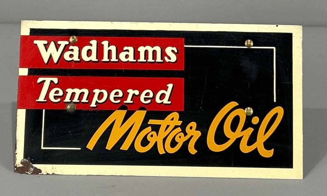 Wadhams Tempered Motor Oil Metal Oil Rack Sign (TAC): rated 8.9, 4"x7.5", the SST sign has very good color and shine, has paint chip in the lower left-hand corner. Rarity 5. TAC #062980