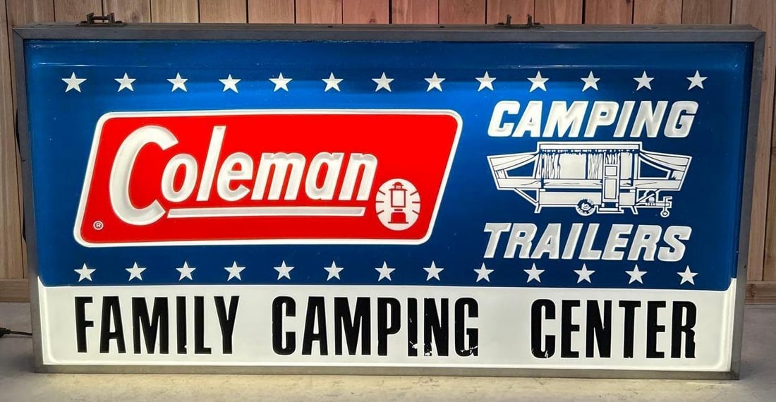 Coleman Camping Trailers w/Image of a Pop Up Camper Lighted Plastic Sign: rated 9+, 36"x73"x12", has 2-molded plastic panels in metal light box, in good condition, lights up and looks good.