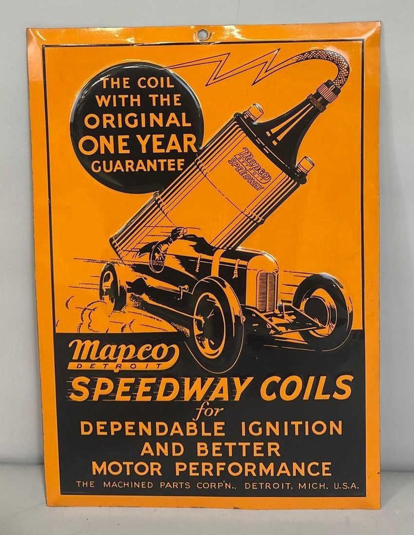 Mapco Speedway Coils w/Race Car Image Metal Sign (TAC): rated 9.25, 13.25"x9.25", the SST embossed sign has excellent color and gloss, field is clean. Rarity 4. TAC #061412