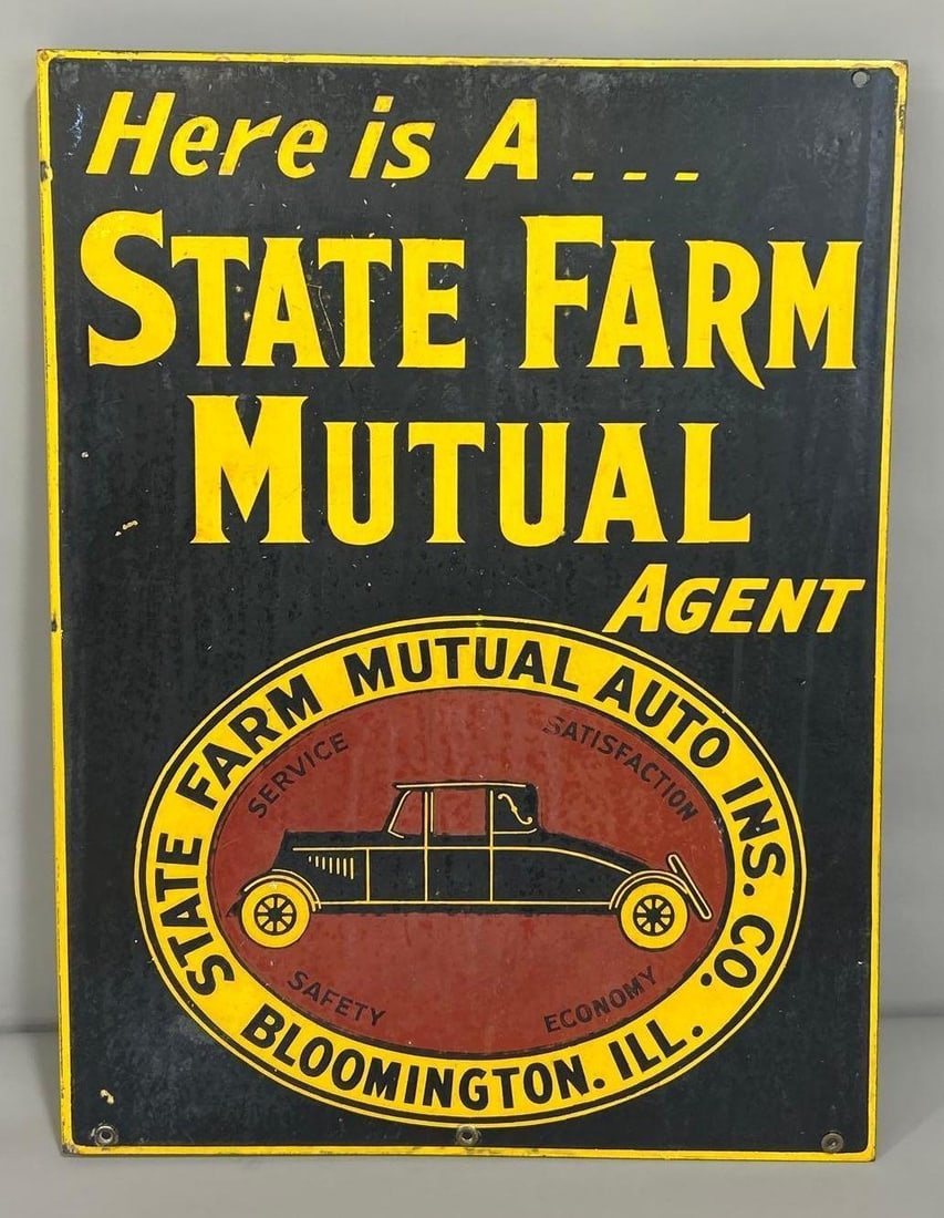 Here is a State Farm Mutual Agent w/Logo Porcelain Flange Sign (TAC): rated 7.5, 24"x18", the porcelain flange sign has good color and some gloss. Rarity 7. TAC #061485
