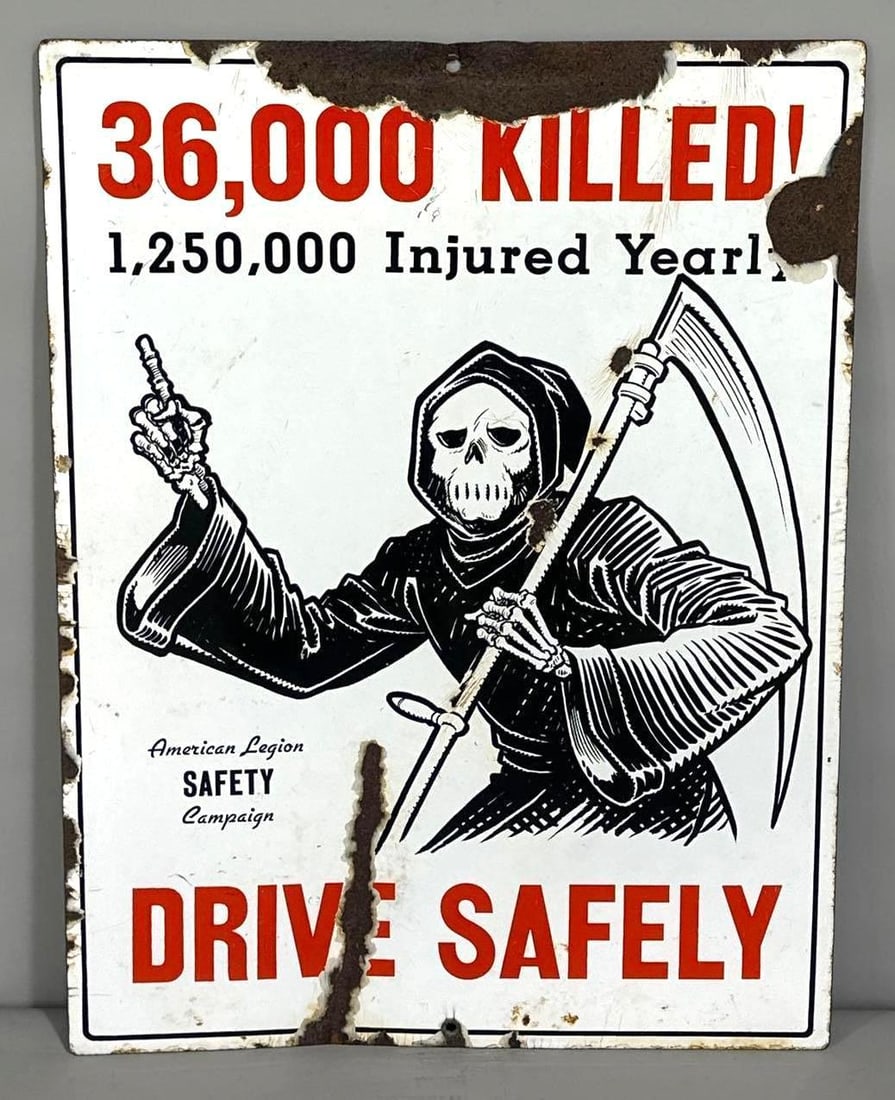 Drive Safely American Legion "36,000 Killed!" Porcelain Sign (TAC) (1 of 4)