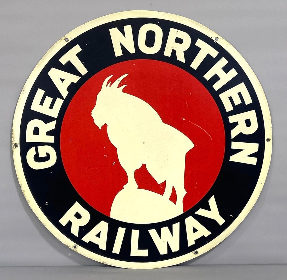 Great Northern Railway w/Logo Metal Sign (TAC): rated 8, 36"D. This SST sign has good color with wear and fine scratches. TAC #061704