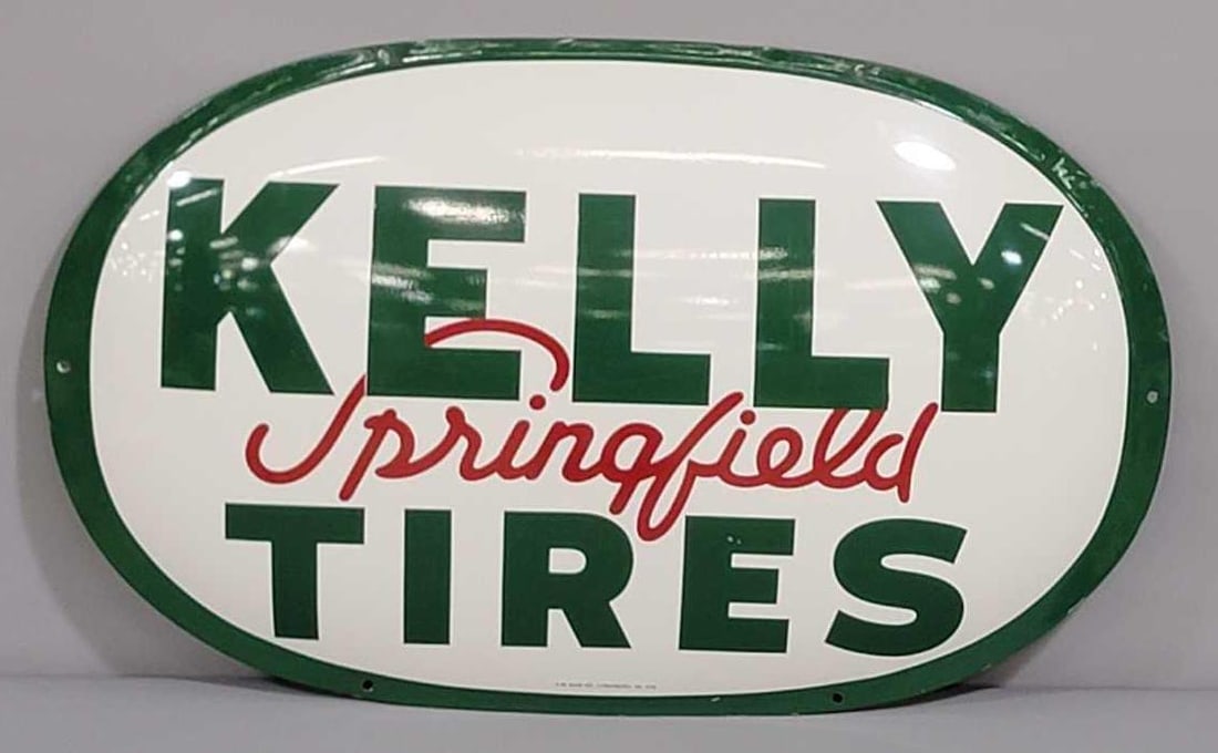 Kelly Springfield Tires Metal Sign (TAC): rated 9, 21.75"x35.75". This SST embossed sign has very good color and shine with light marks. Marked "A-M". Dated 1955. Rarity 2. TAC #061725