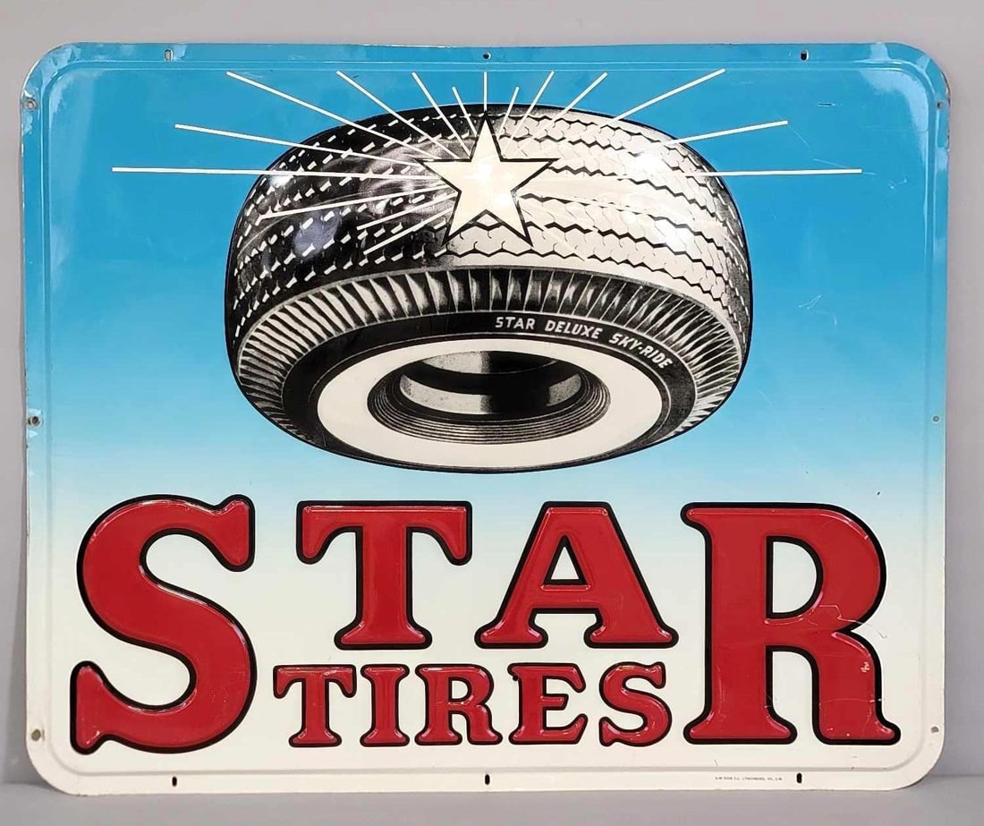 Star Tires w/Image Metal Sign (TAC): rated 8.9, 36"x44", This SST embossed sign has very good color and shine, the field is clean. Sign has wear and scratches at the right-hand edge. Marked A-M, dated 1956. Rarity 5. TAC #061724