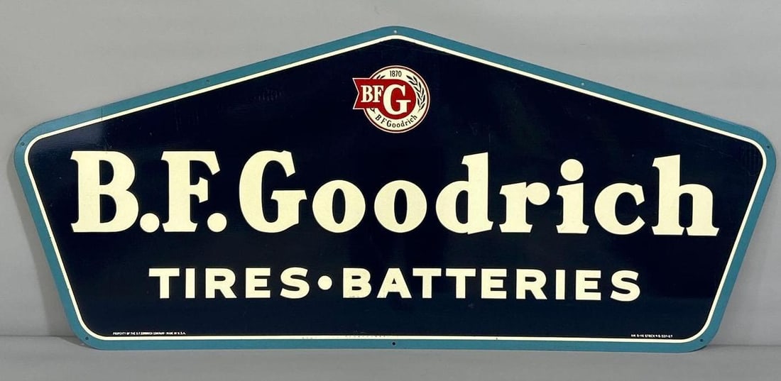 B.F. Goodyear Tires-Batteries w/Logo Metal Sign (TAC): rated 9, 26"x59.5". This SST die-cut sign has good color and shine with light paper marks. Marked "A-M, dated 1946." Rarity 2. TAC #061561