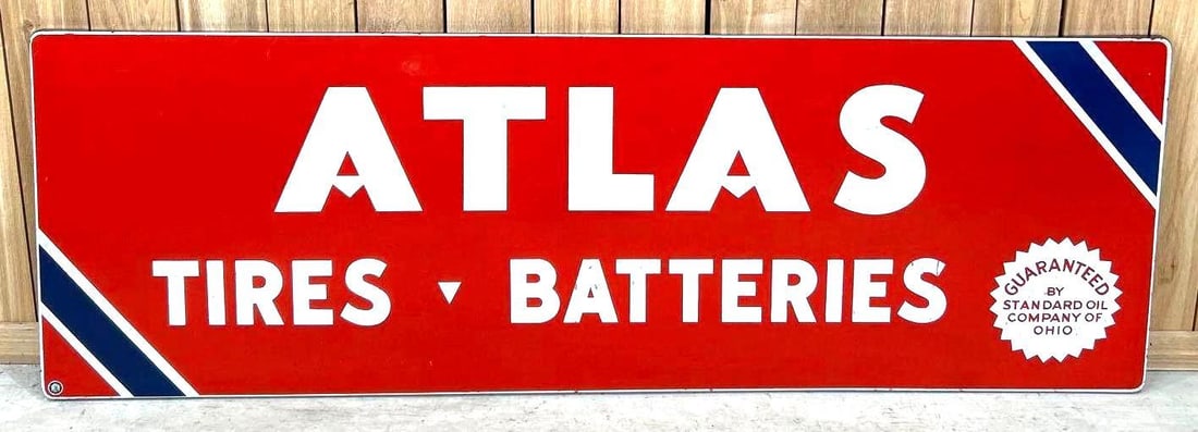 Atlas Tires And Batteries Single-Sided Porcelain Sign: (Rated 8.5) 71" x 24". This SSP sign has good color and shine throughout the field. Sign shows significant staining throughout, as well as minor wear on the rolled edge. Rarity 3. TAC # 043985