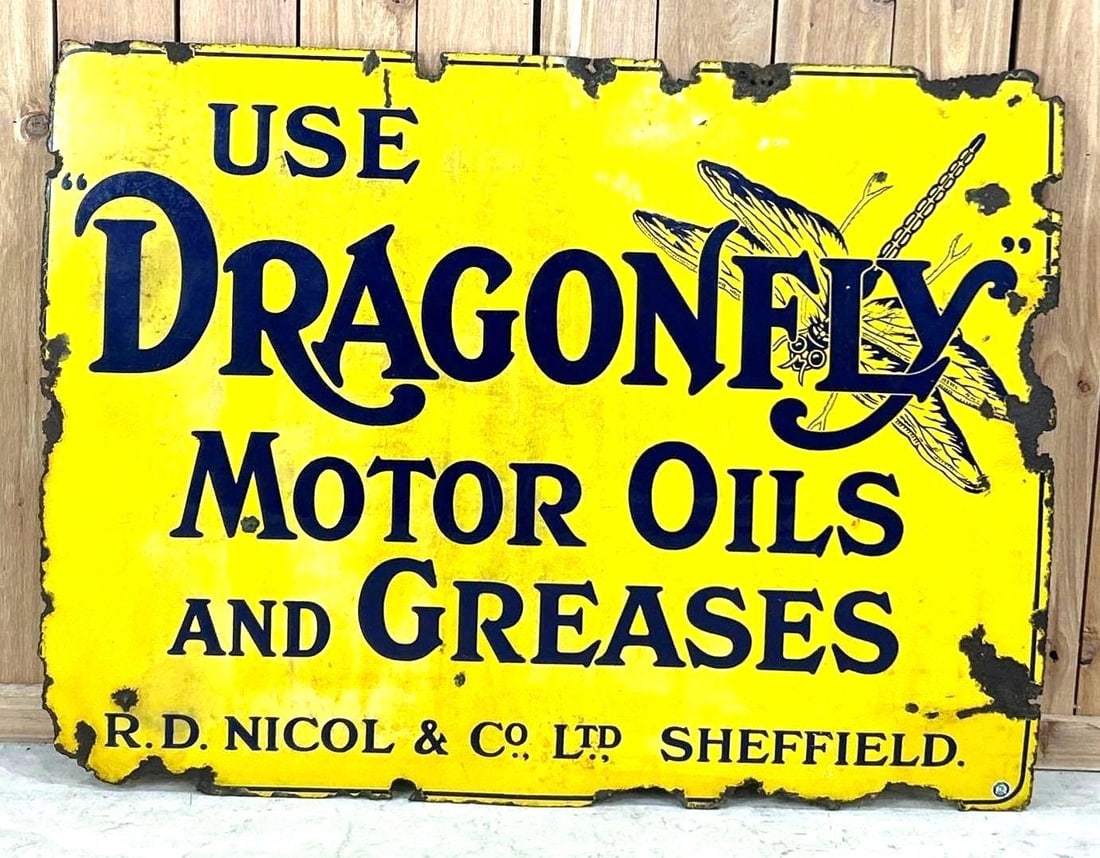 Use Dragonfly Motor Oils And Greases w/Image Porcelain Sign (TAC): rated 6.75, 36"x48", the SSP sign has good color and some gloss, has wear in the field, has large chips and metal loss around the perimeter. Rarity 8. TAC #062652