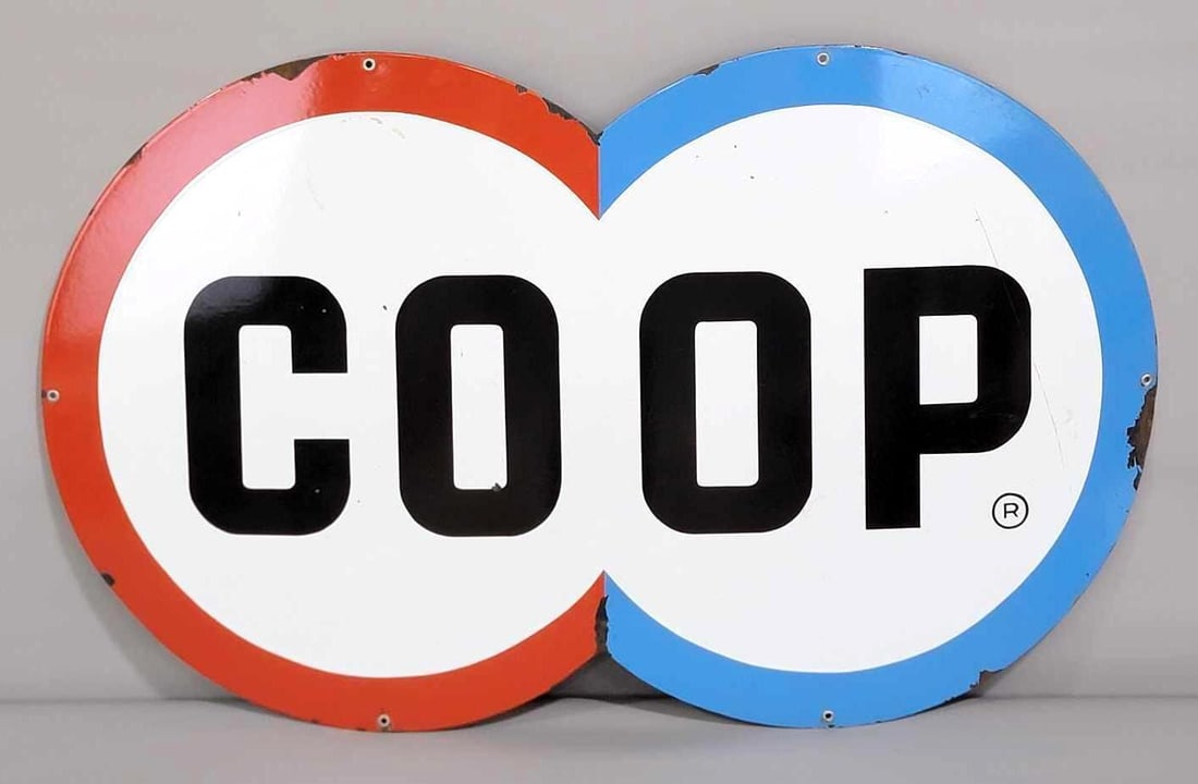 48" COOP Porcelain Sign (TAC): rated 8.25, 29"x48". This SSP die-cut sign has very good color and gloss. Sign has a few chips in and around the perimeter. TAC #044925