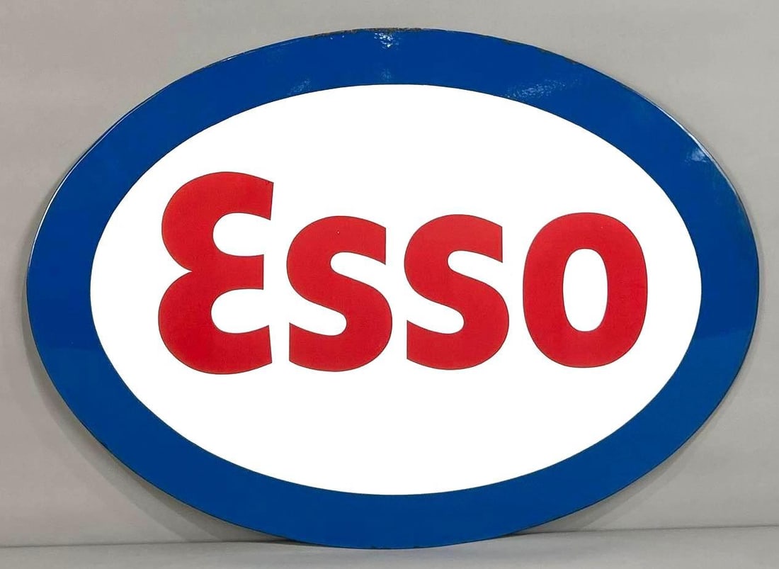 Esso Porcelain Identification Sign (medium) (TAC): rated 9, 27.5"x38.5", the SSP oval sign with mounting clips on back, has excellent color and gloss, field is clean, has tiny chips around the perimeter. TAC #062703