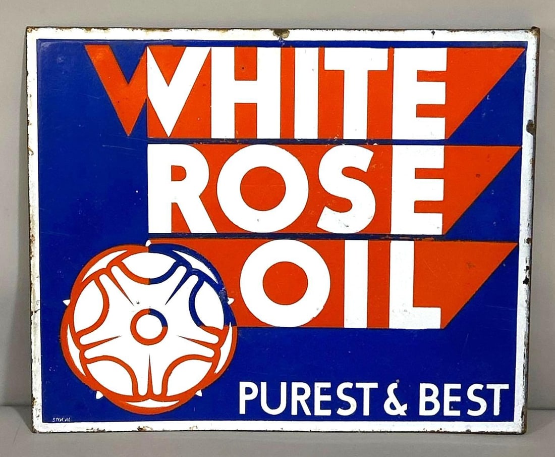 White Rose Oil "Purest & Best" Porcelain Flange Sign (TAC): rated 8.75, 18"x22", the porcelain flange sign has good color and gloss with light wear and a few tiny chips, rarity 4. TAC #058566