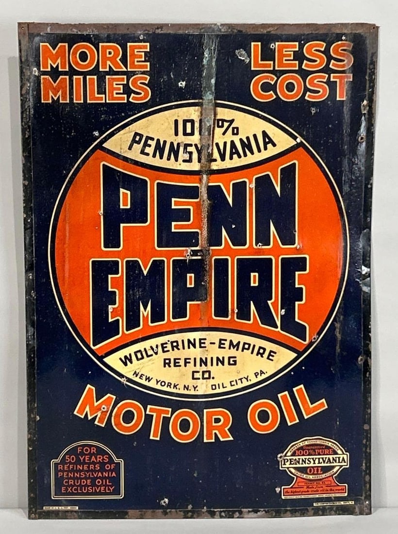 Penn Empire Motor Oil "More Miles Less Cost" Cardboard Sign (TAC): rated 7.75, 31"x21", the SST sign has good color and shine, has stained vertical mark in the field, has extra nail holes in the field, rust along the top edge, marked Kemper-Thomas. Rarity 9. TAC