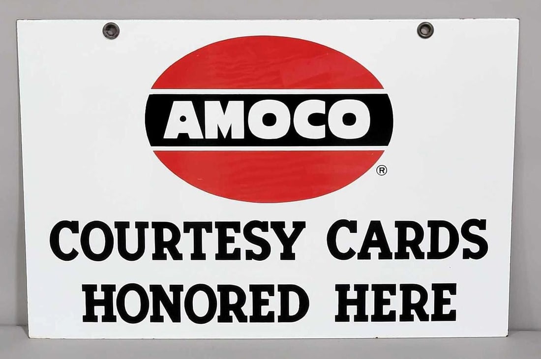 Amoco Courtesy Cards Honored Here w/Logo Porcelain Sign (TAC): rated 9.25, 16"x24". This DSP sign has excellent color and gloss. TAC #031566
