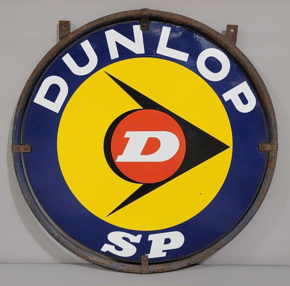 Dunlop SP w/Logo Porcelain Sign (TAC): rated 9, 27.5". This DSP sign has excellent color and gloss, nice. Mounted in it's original halo ring. Rarity 3. TAC #032333