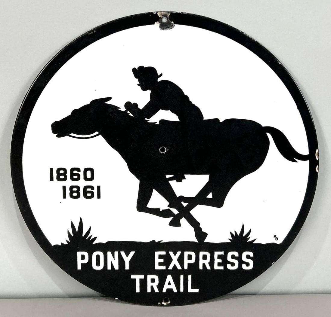 Pony Express Porcelain Sign: Rated 9. 14" dia. This SSP has good color and gloss throughout the field, with moderate porcelain loss on the top hanging hole and outer edge. Rarity 2. TAC # 033845. 