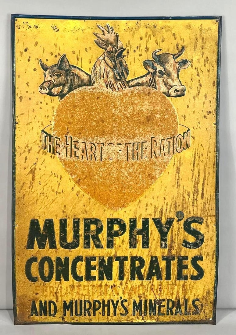 Murphy's Concentrates Embossed Tin Sign W/ Heart Graphic: Rated 7.0. 23" x 35". This SST sign has significant paint loss and staining throughout the graphic and outer field. Sign shows minor paint loss and staining on the outer edge. Rarity 5. TAC #062