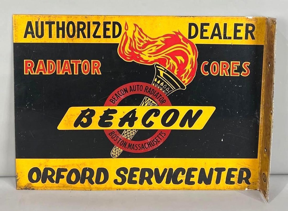 Beacon Auto Radiator Core Flange Sign W/ Torch Graphic: Rated 8.25, 7.9. 16" x 22.5". This DST sign has good color throughout with areas of surface staining and scratching in the field. Display has white paint drips throughout, as well as, minor paint loss