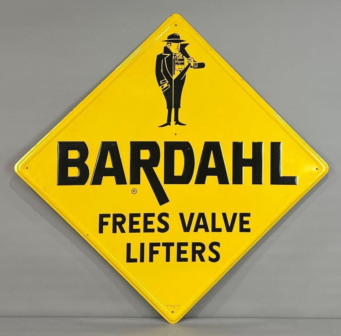 Bardahl Self-Framed Embossed Sign W/ Bardahl Man Graphic: Rated 9.0. 50" x 50". This SST sign shows excellent color and gloss in the field, with only small surface rubs on the raised lettering and scratch with paint loss next to the graphic. Marked, "Press S