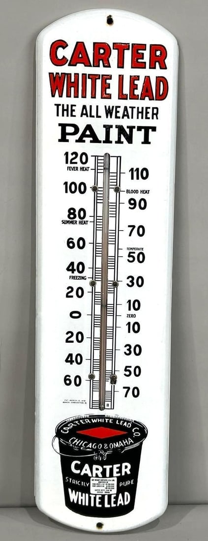 Carter White Lead Paint Porcelain Thermometer W/ Paint Bucket Graphic: Rated 9.0. (7" x 27"). This SSP thermometer has excellent color and gloss throughout. Sign shows very light staining and wear at the mounting holes and on the outer edge. Working bulb. Rarity 3. TAC #