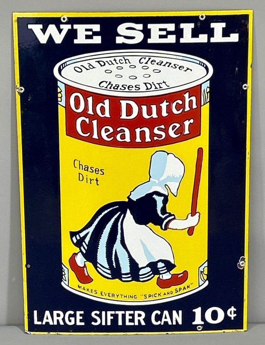 We Sell Old Dutch Cleanser w/Logo Porcelain (1950's) (TAc): rated 9, 20"x14", the SSP sign has excellent color and gloss. SIgn shows tiny chips around the perimeter. Marked Cameo. Rarity 3. TAC #061448