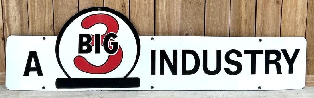 A Big 3 Industry Porcelain Sign (TAC): rated 9, 18.5"x67", the SSP die-cut sign has excellent color and gloss. Rarity 10. TAC #062736