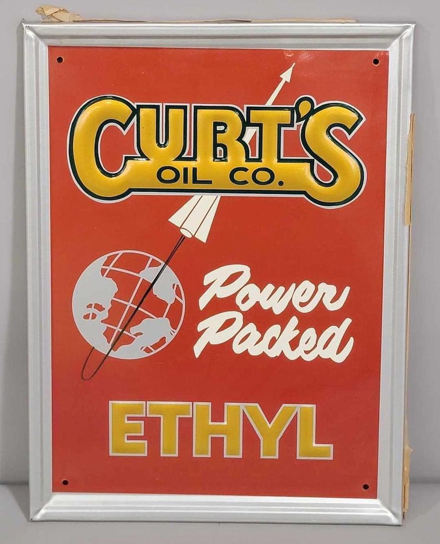Curt's Power Packed Ethyl w/Logo Metal Pump Sign (TAC): rated 9.5, 16"x12". This SST embossed sign has excellent color and shine. Rarity 3. TAC #061659