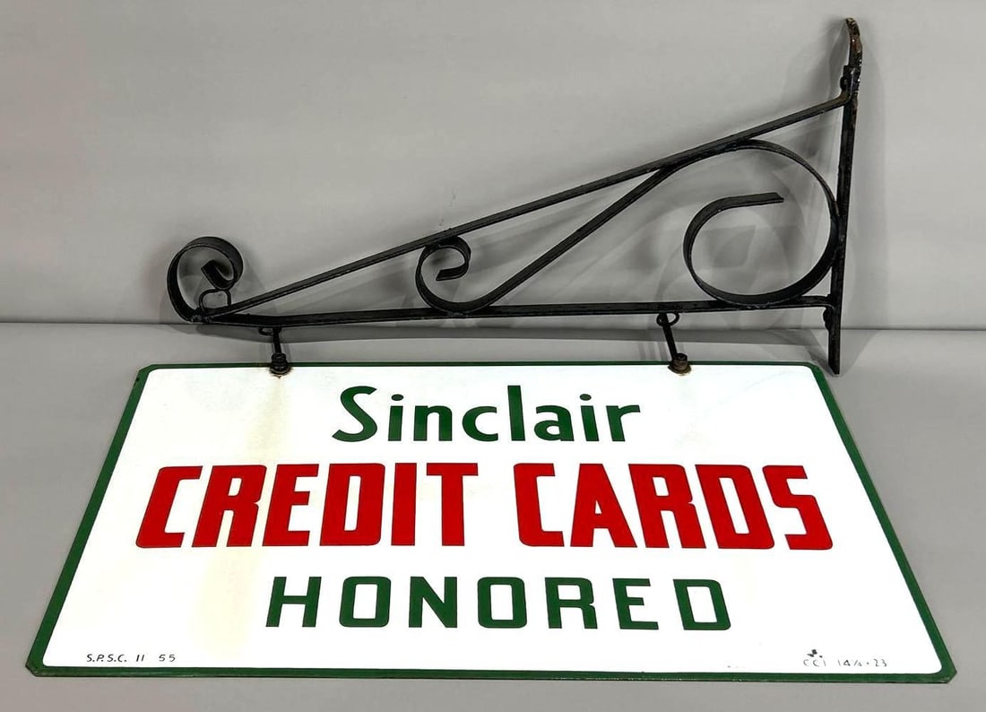 Sinclair Credit Cards Double-Sided Porcelain Sign W/ Hanging Bracket (1 of 7)