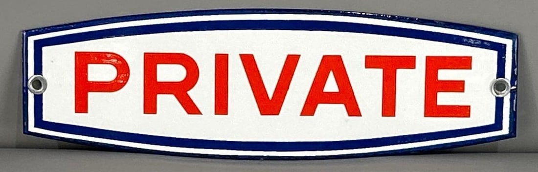 Husky "Private" Single-Sided Porcelain Sign: Rated 9.75. 3.25" x 10". This SSP sign from Husky features spectacular color and gloss throughout with only one pin point chip on the right hand edge. Rarity 5. TAC #062023. 