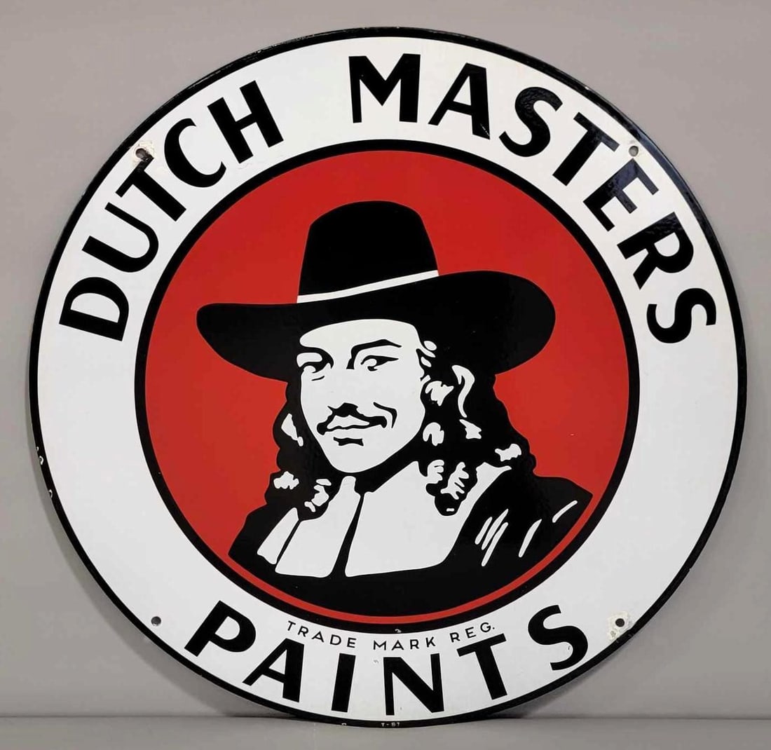 Dutch Master Paints w/Logo Porcelain Sign (TAC): rated 9, 26"D. This SSP sign has excellent color and gloss, field is clean. Sign has chips at the mounting holes. Marked,"Texlite". Dated 1957. Rarity 3. TAC #061670