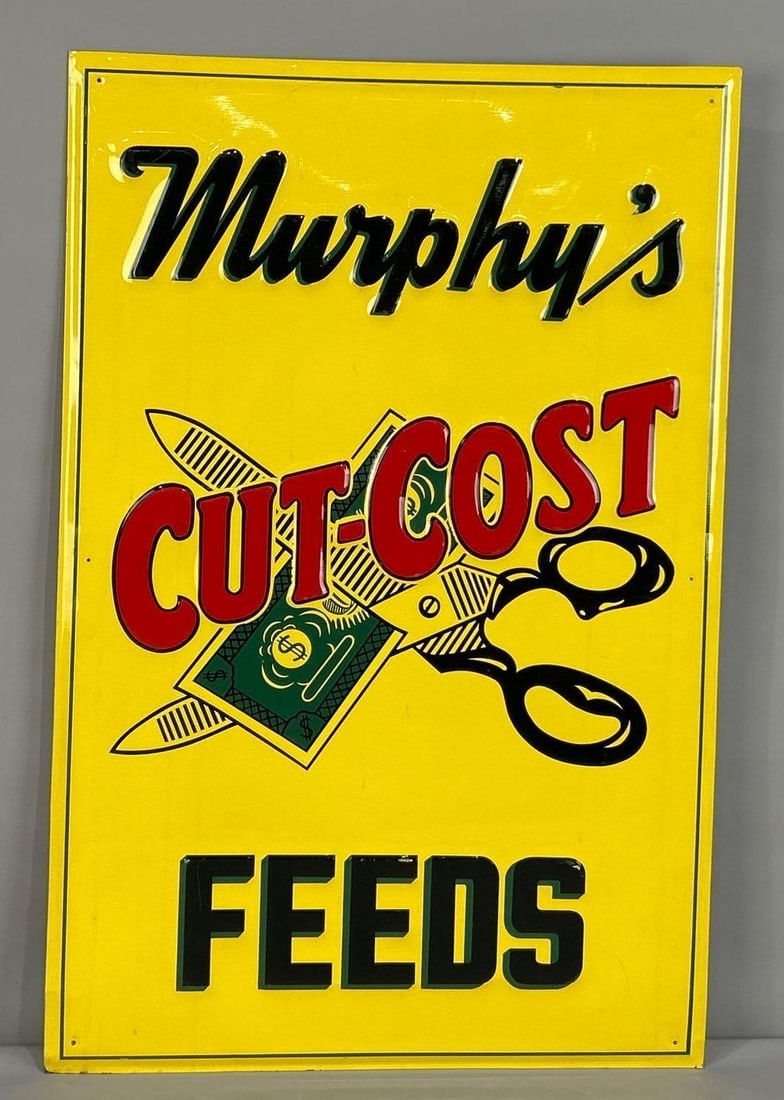 Murphy's Cut-Cost Feeds Embossed Tin Sign W/ Scissor Graphic: (Rated 9.0). 23" x 35". This SST sign has good color and gloss throughout with minor storage wear running across the raised lettering resulting in paint loss. Outer edge shows staining. Rarity 4. TAC