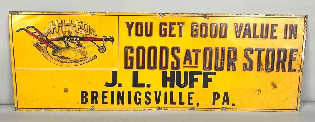 Oliver Chilled Plow Tin Tacker Sign W/ Plow Graphic: (Rated 7.5) 9.75" x 27.75". This SST sign has fair color throughout with notable paint loss on the raised lettering. Sign shows paint loss and added holes along the outer edge. Rarity 2. TAC # 062254
