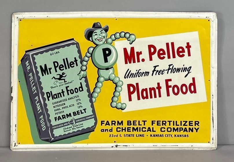 Mr. Pellet Self-Framed Tin Sign W/ Mr. Pellet Graphic: (Rated 8.9). 24" x 36". This SST sign has good color and gloss with minor paint loss on the outer field. Sign shows other areas of loss on the self-framed edge. Rarity 6. TAC # 062181.