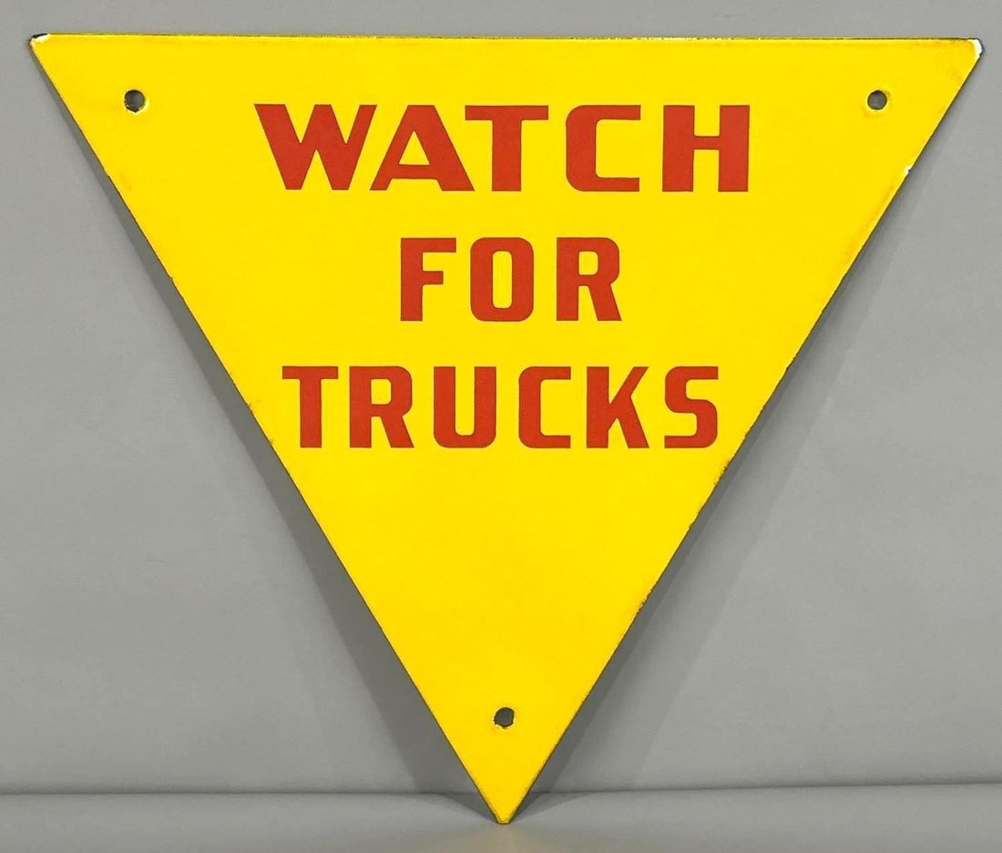 Unique "Watch For Trucks" Single-Sided Porcelain Sign (1 of 5)