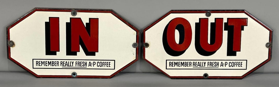 A&P Groceries In And Out Die-Cut Porcelain Directional Signs (1 of 6)