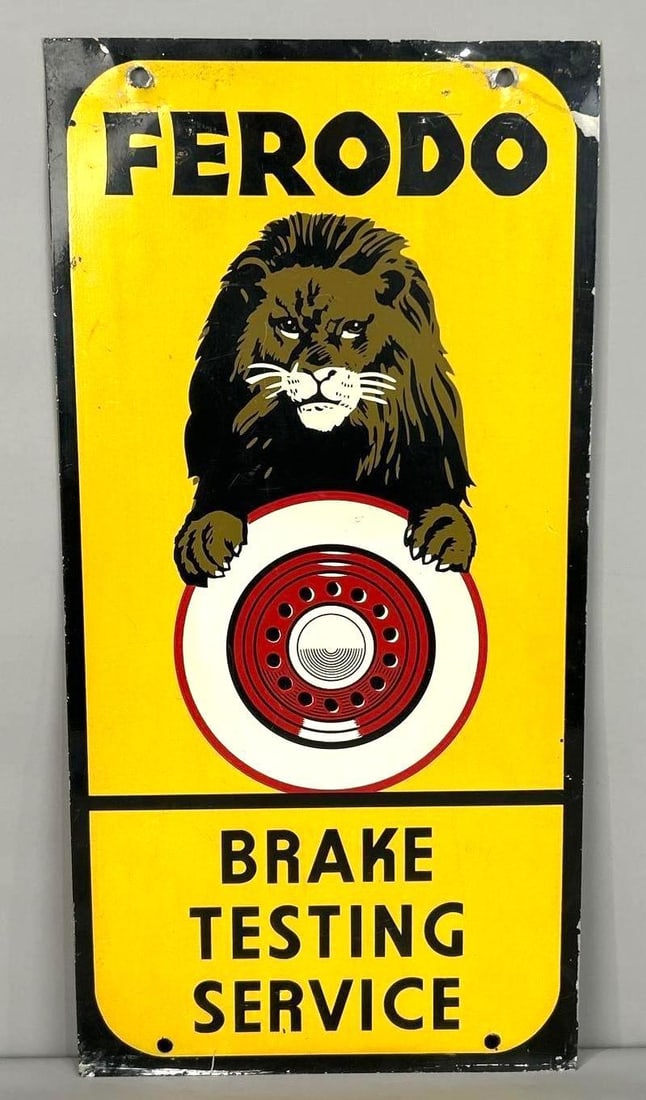 Ferodo Brake Testing Service w/Lion Metal Sign (small) (TAC): rated 8.5, 24"x12", the SST sign has good color and shine, field is clean, has wear around the perimeter. Rarity 2. TAC #032246