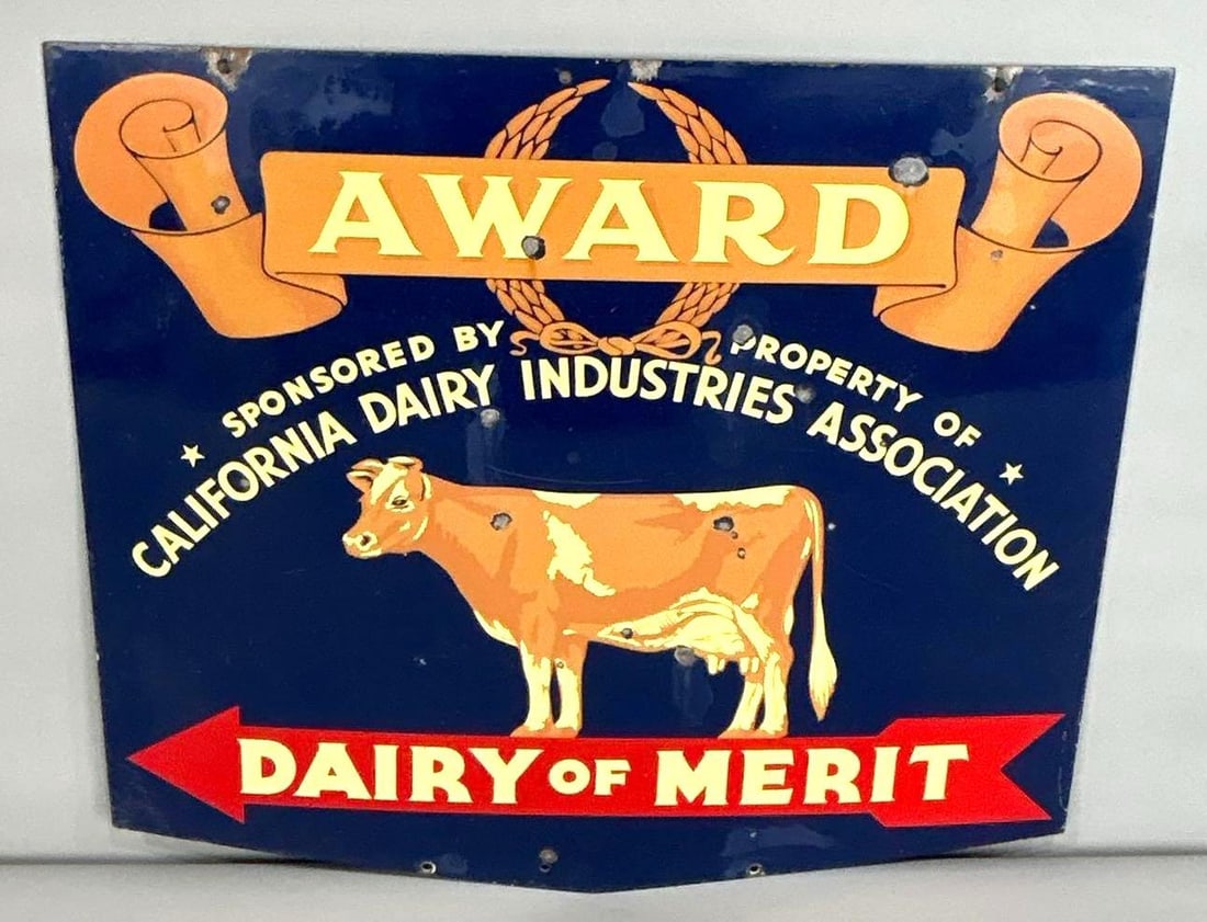 California Dairy Industries "Dairy Of Merit" Double-Sided Porcelain Sign W/ Cow Graphic (1 of 7)