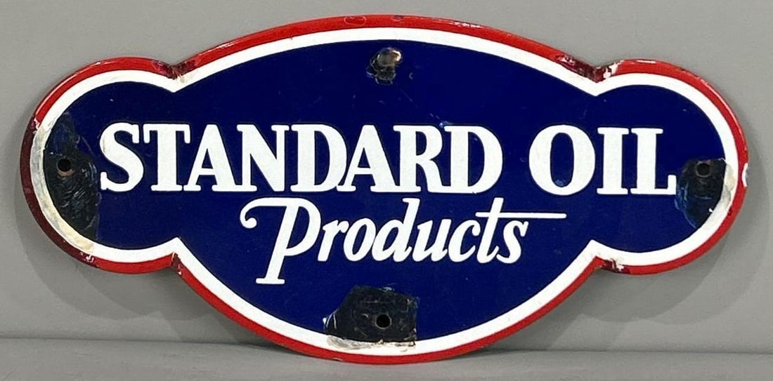 Standard Oil Products Porcelain Gas Pump Sign (TAC): rated 7.75, 6"x12.5", the SSP die-cut sign has good color and gloss, has large touched up chips at three mounting holes. Rarity 6. TAC #062493