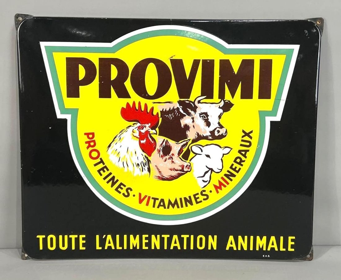 Provimi w/Cow, Pig, Sheep & Chicken Images Metal Flange Sign (TAC): rated 8.9, 18.75"x22.75", the SSP rolled edge sign has good color and gloss, has tiny flea bite chips, marked EAS. TAC #062716