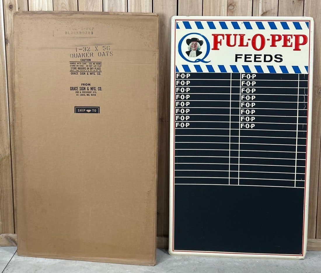 (Quaker Oaks) Ful-O-Pep Feed Chalk Board Metal Sign NIB (TAC): rated 9.5, 56"x32", the SST embossed sign has excellent color and shine, NIB. Rarity 4. TAC #062962