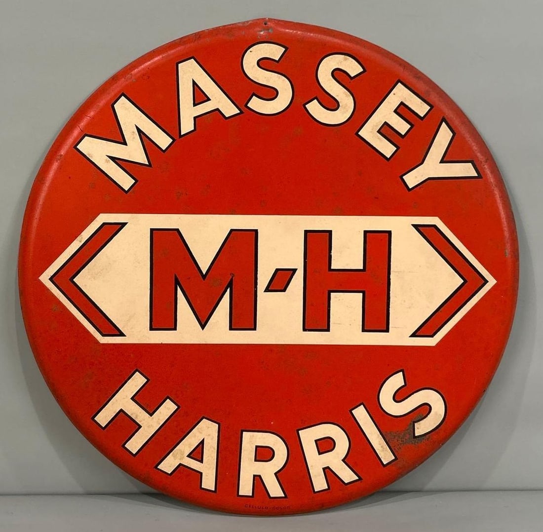 Massey-Harris Metal Sign (TAC): rated 7.75, 23"D., the SST bubble sign has no shine, has wear and light soiling, marked Cellulo Color. TAC #062675