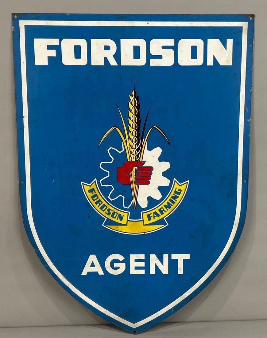 Fordson Agent w/Logo Metal Sign (TAC): rated 8, 27.5"x19.5", the SST shield-shaped sign has good color, no shine, has wear. TAC #062670