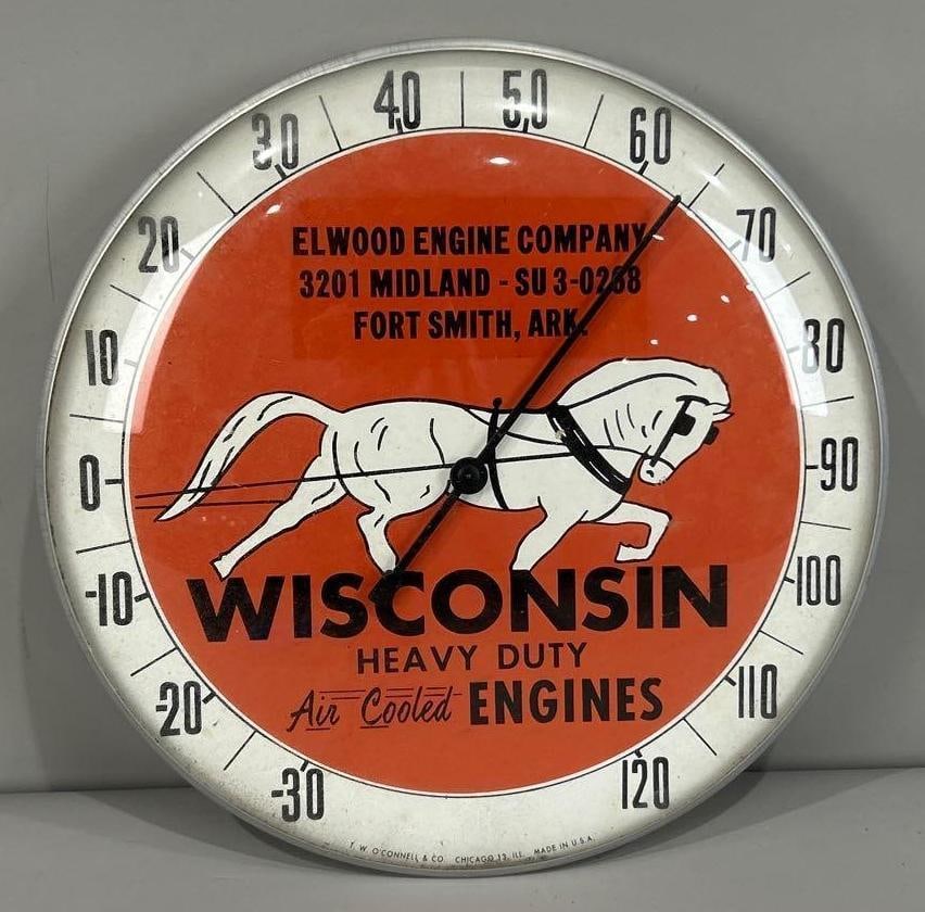 Wisconsin Heavy Duty Engines w/Logo Round Thermometer: rated 9, 12'D., in good condition, glass bezel.