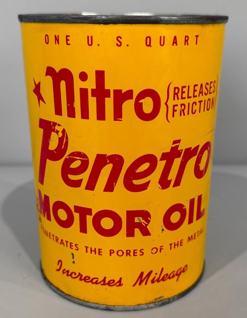 Nitro Penetro Motor Oil Metal Quart Can: rate 8, the metal can has good color and shine, shows some wear and paint scratches, is full
